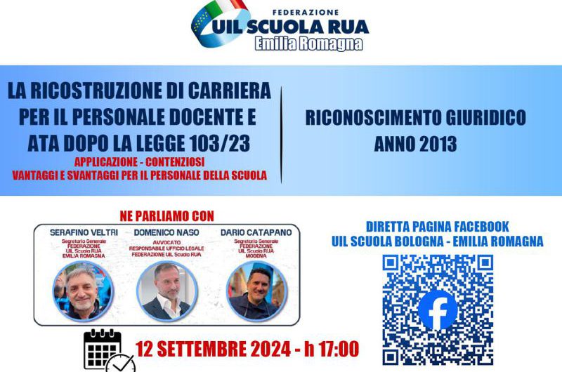 LA RICOSTRUZIONE DI CARRIERA PER IL PERSONALE DOCENTE E ATA DOPO LA LEGGE 103/23 – giovedì 12 settembre ore 17.00