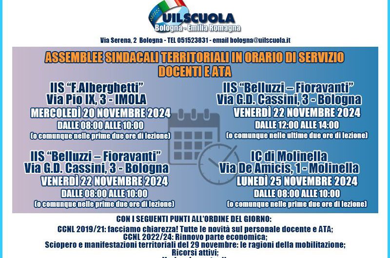 Assemblee sindacali territoriali in orario di servizio – mercoledì 20 novembre, venerdì 22 novembre e lunedì 25 novembre