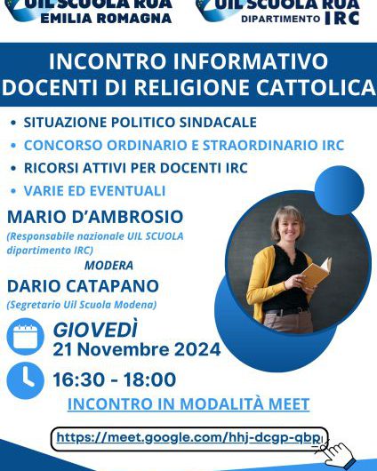 Incontro informativo docenti di religione cattolica – giovedì 21 novembre 2024 dalle ore 16.30 alle ore 18.00